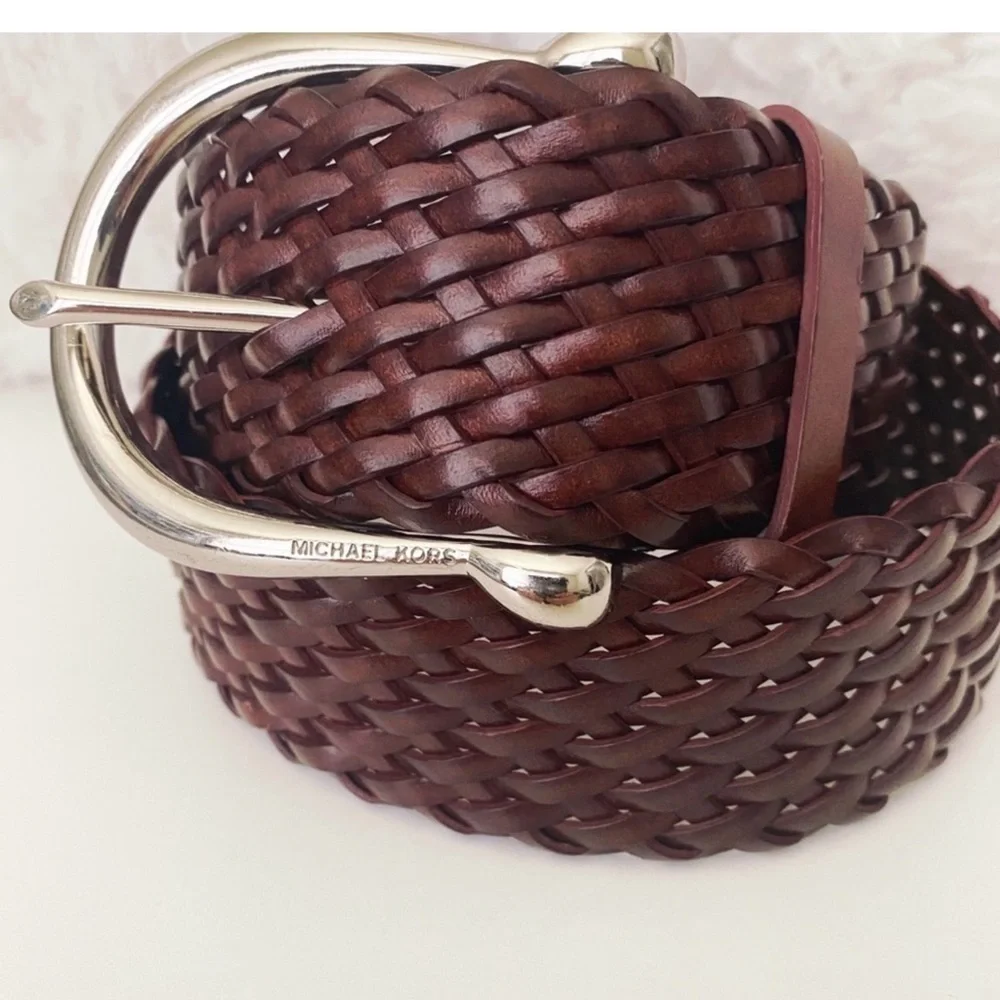 Michael Kors Women’s Chestnut Braided Belt with Polished Silver Buckle Size S
